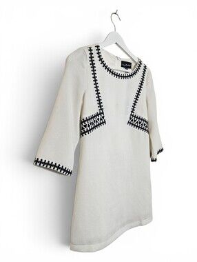 LMD Dress XS Mod Shift Embroidered Folk 3/4 Sleeve Lined White Black NWT
